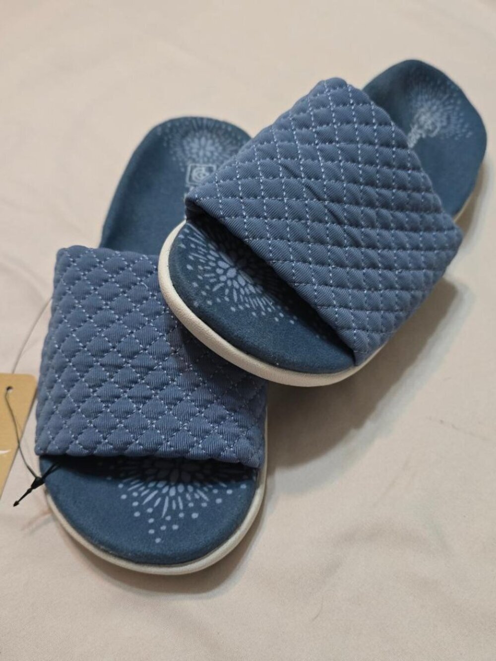 5.5 D NEW Spenco Hanna Orthotic Slide Flats Slip on Sandal Blue Fabric Open Toe